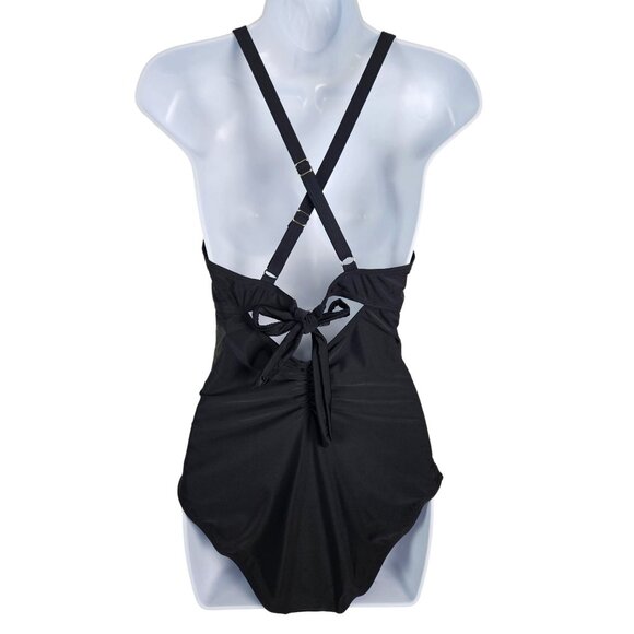 Womens Large Black Crisscross Ruched One-Piece Swimsuit Adjustable Straps Cutout - Picture 5 of 11